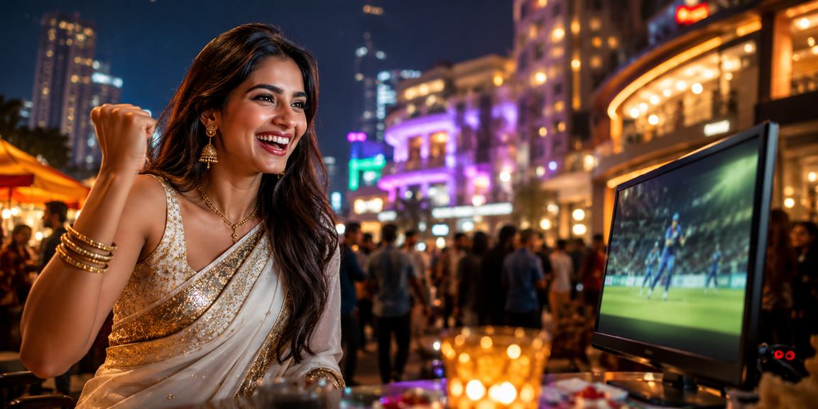 Happy Indian woman using casino app on mobile